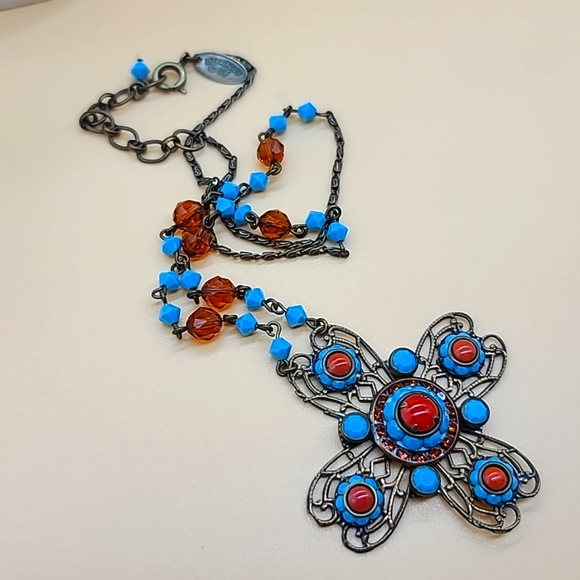 Liz Palacios SF Turquoise & Coral Swarovski Crystal & Bead Pendant 🌼 - Picture 6 of 10